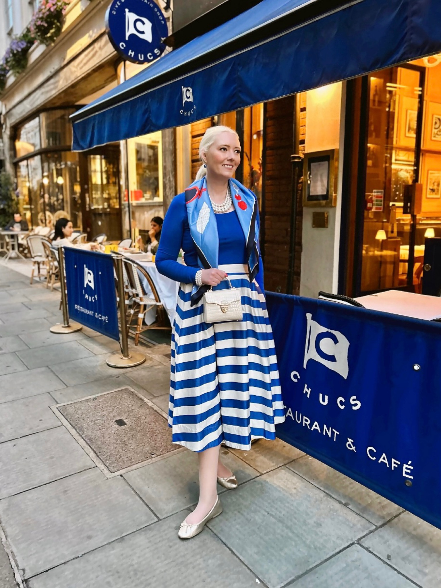 Riviera chic in London! I love this blue scoop neck top and ivory and Isabella blue sateen stripe skirt by Boden! I bought it at the beginning of the season but am only getting around to wearing it now! There’s a beautiful dress that’s very similar so I hope you manage to recreate the look! I styled with a Kate Spade silk scarf, Aspinal of London Mini Mayfair Bag in Ivory, Gold Lisa Ballerina Flats by Hobbs and their stunning Monica statement pearl effect necklace and bracelet. 

#nautical #summeroutfit #stripes #boden #hobbs 

#LTKsummer #LTKuk #LTKsale