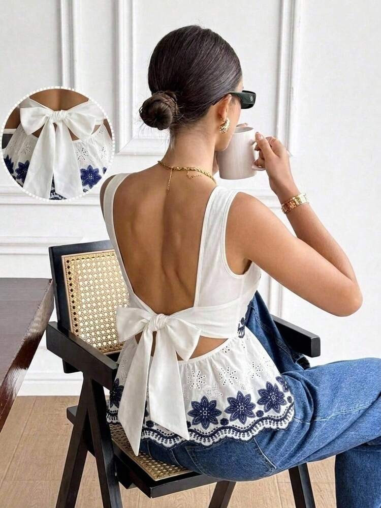 Serisse Women's Contrast Color Embroidered Round Neck Fitted Elegant Sleeveless Blouse Holiday Holiday Vacation Black And White Summer Going Out Top,Summer Top | SHEIN