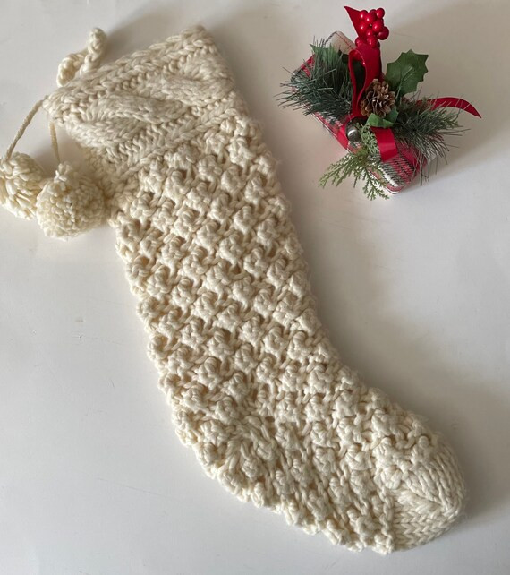 Hand Knit Wool Christmas Stocking - Fisherman Knit - Pom Poms! | Etsy (US)
