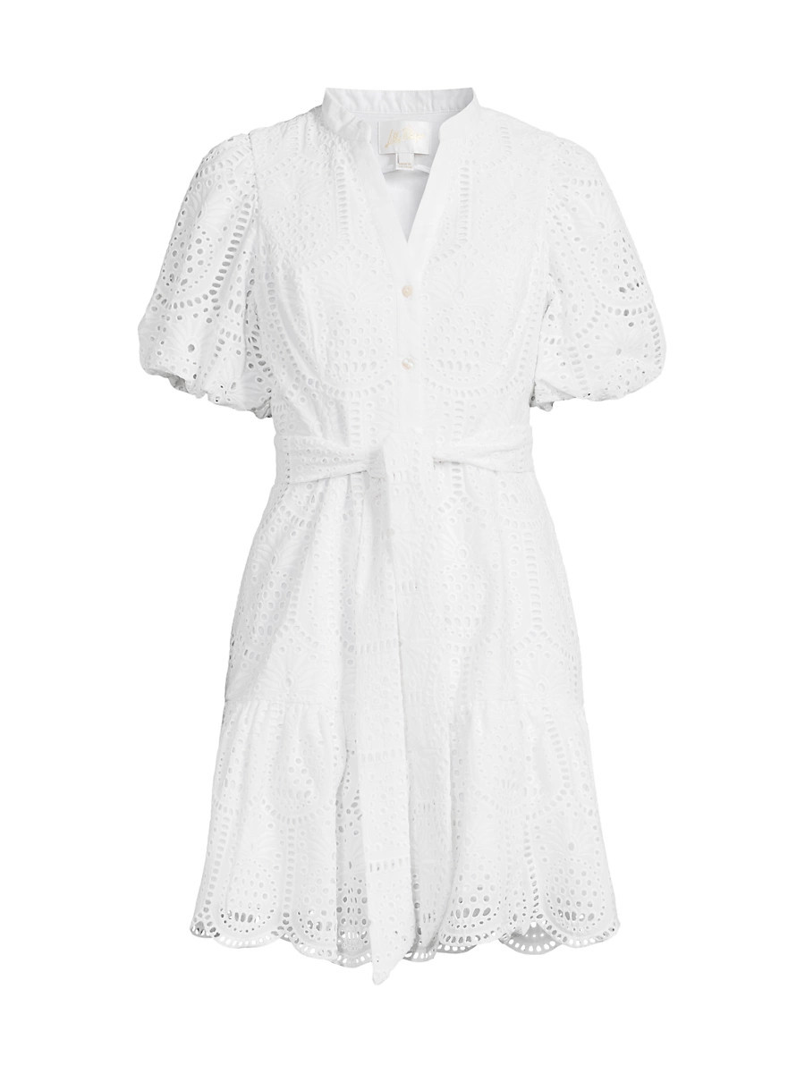Women's Cotton Tie-Waist Puff-Sleeve Minidress - Resort White - Size 6 | Saks Fifth Avenue