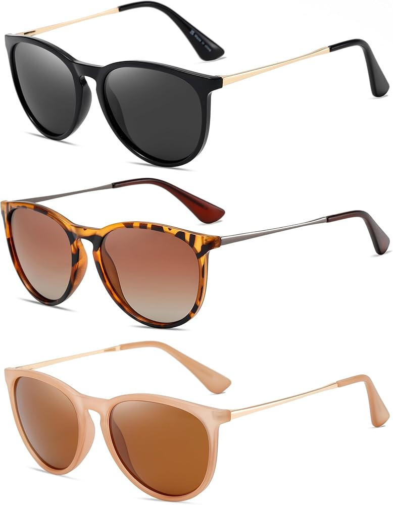 (3 PACK) Vintage Round Sunglasses for Women Men Classic Retro Designer Style | Amazon (US)