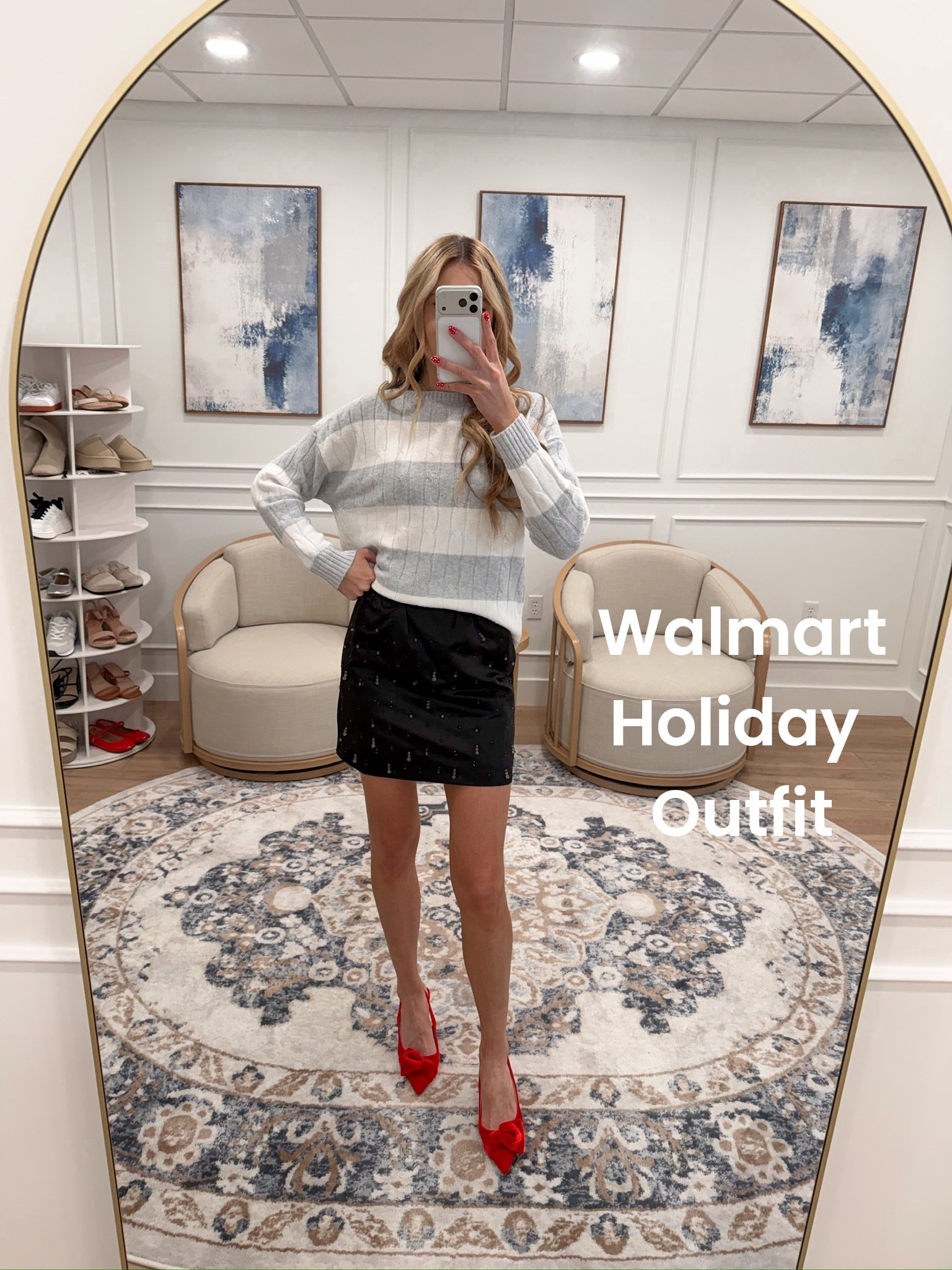 #walmartpartner #walmartstyle @walmartfashion Holiday outfit perfection from Walmart! 🎄✨ This sparkly mini skirt paired with a cozy winter sweater is such a cute (and affordable!) look for Christmas parties, work events, or any festive get-together. And these red bow heels?! 🎀❤️ The cutest statement shoes for the season and they look way more expensive than they are!

#LTKTall #LTKFindsUnder100 #LTKHoliday