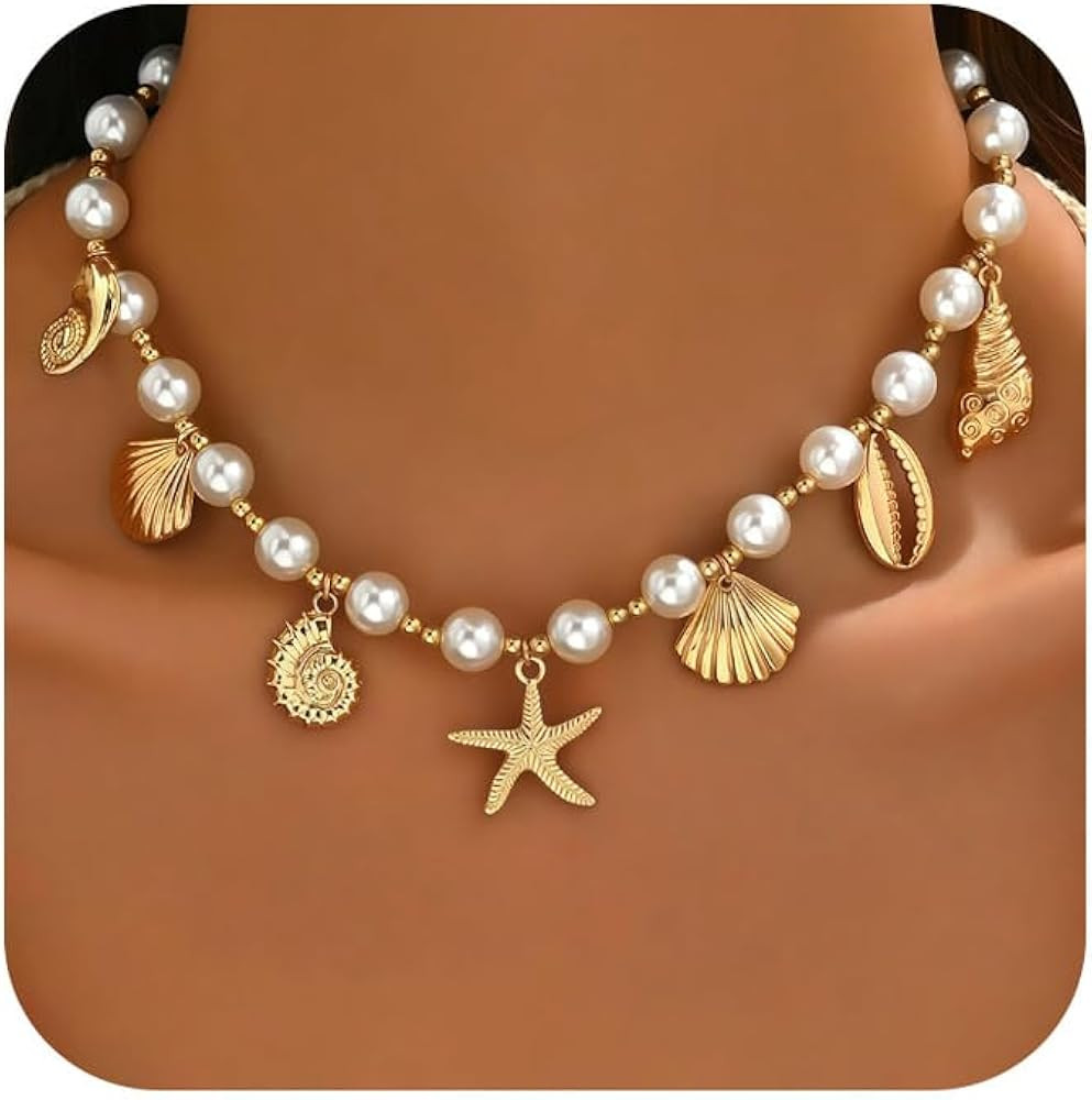 Shell Starfish Necklace for Women, 14k Gold Plated Boho Layered Beaded Charm Pendant Necklace, Da... | Amazon (US)