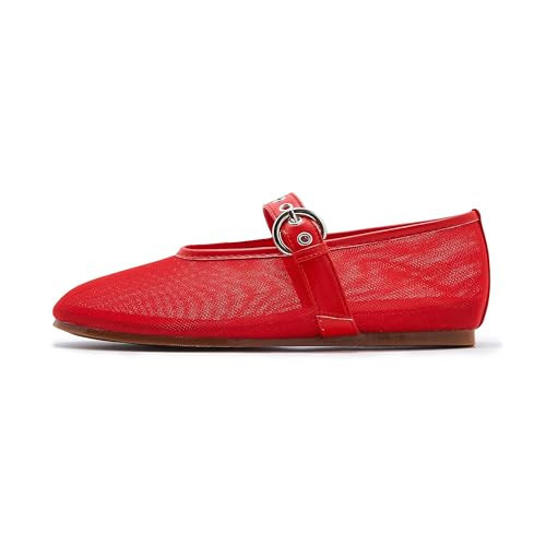 ATBELL Mesh Ballet Flat for Women Round Toe Buckle Strap Summer Mary Jane Flats Comfy Casual Ballerina Shoes Red in Size 10.5 | Amazon (US)