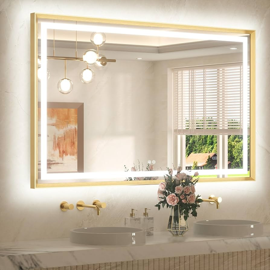 TETOTE 55 x 36 Bathroom LED Mirror Brushed Gold Metal Frame Frontlit & Backlit Vanity Mirror Step... | Amazon (US)