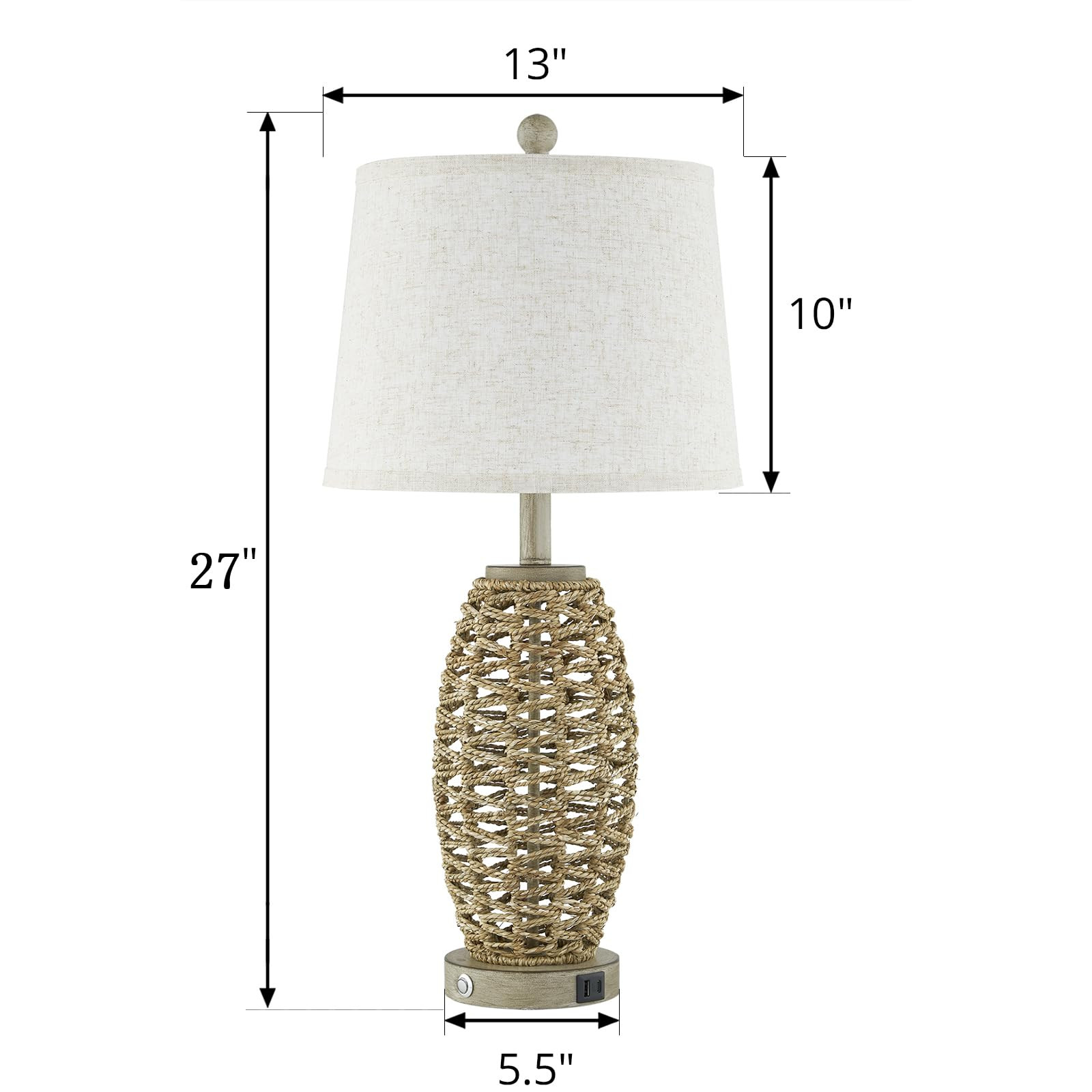 27” Natural Rattan Table Lamps Set of 2,Touch Switch,3-Way Dimmable Bedside Lamps, with A+C USB... | Amazon (US)