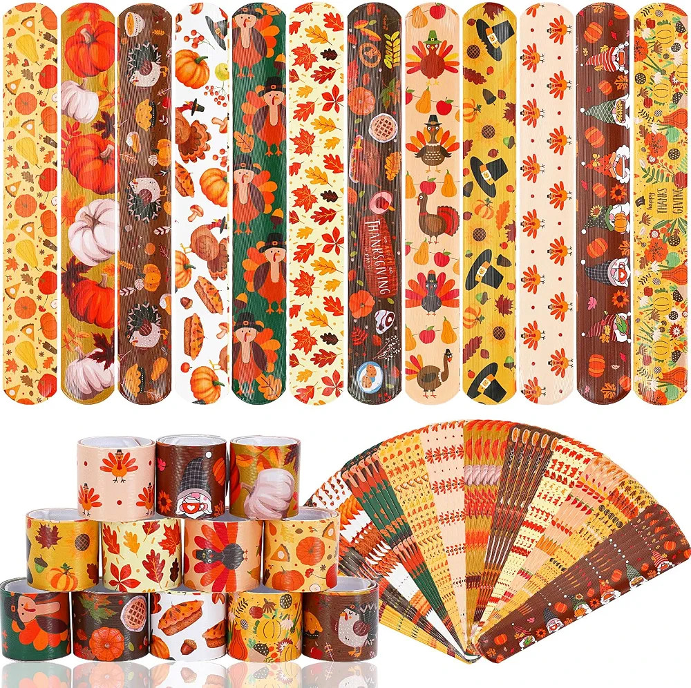 JUNEBRUSHS Thanksgiving Slap Bracelets, 56 Pcs Thanksgiving Gifts for Kids Autumn Maple Leaf Turk... | Amazon (US)