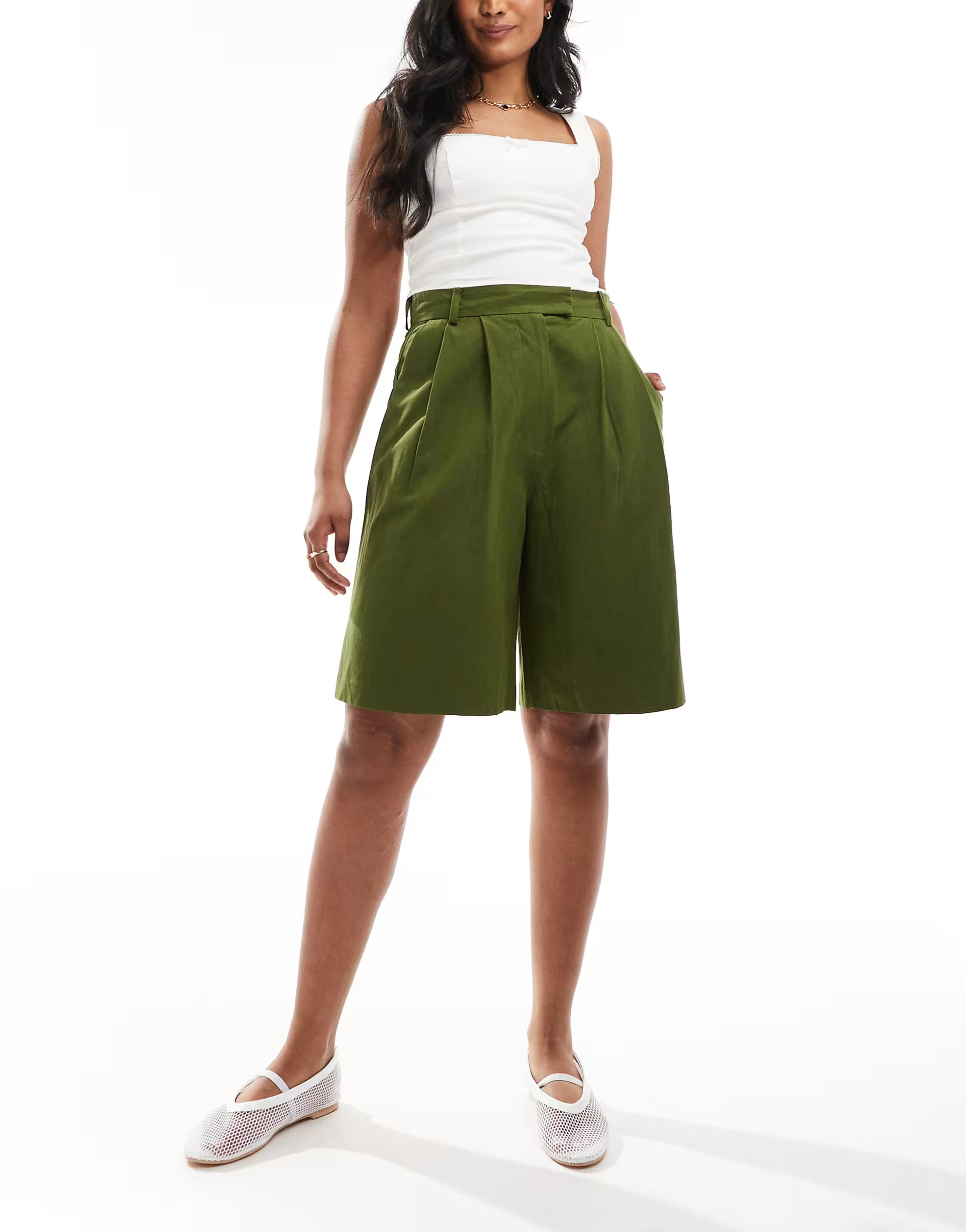 ASOS DESIGN longline high waisted tailored short with linen in olive | ASOS (Global)
