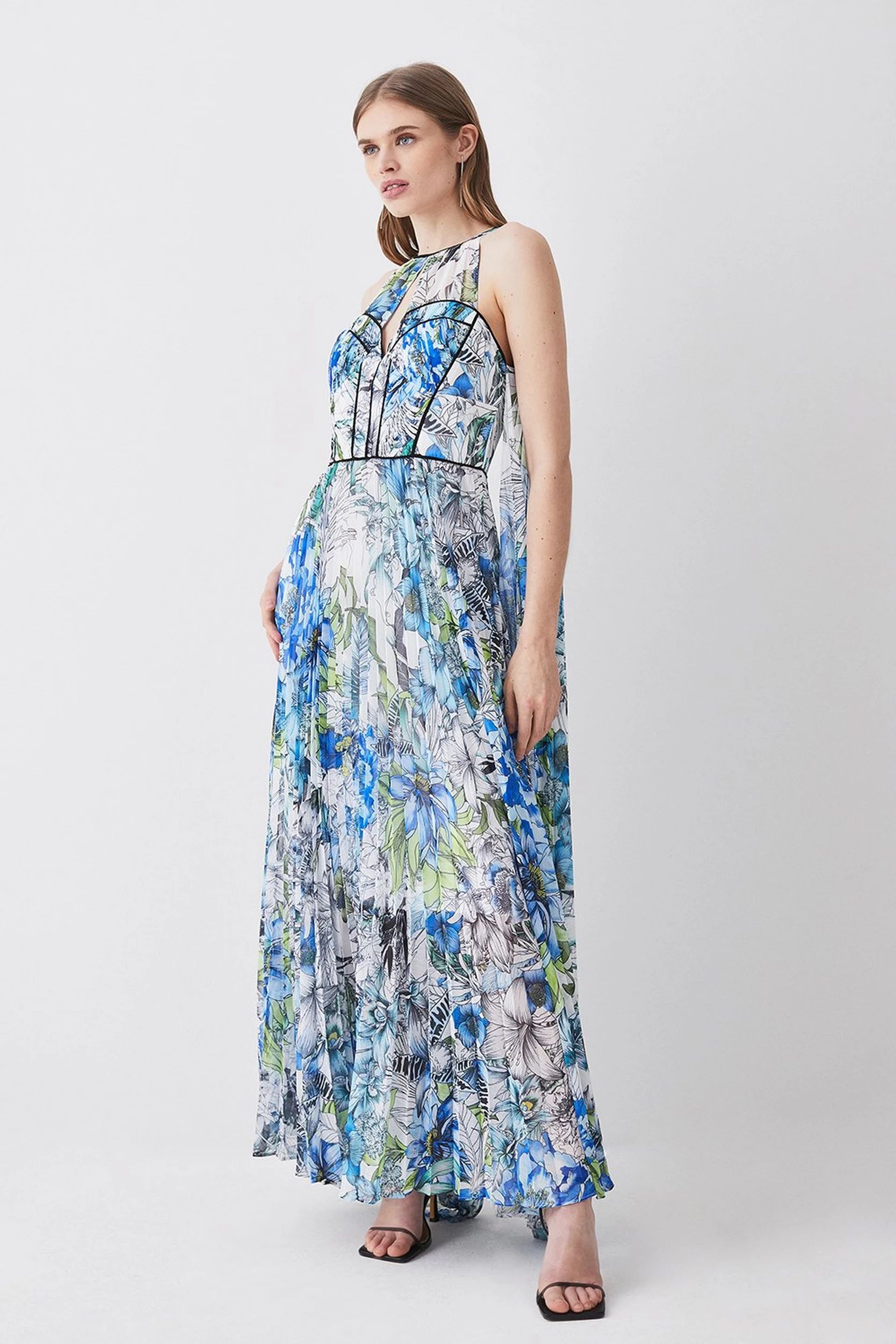 Tall Corset Detail Floral Pleated Halter Woven Maxi Dress | Karen Millen US