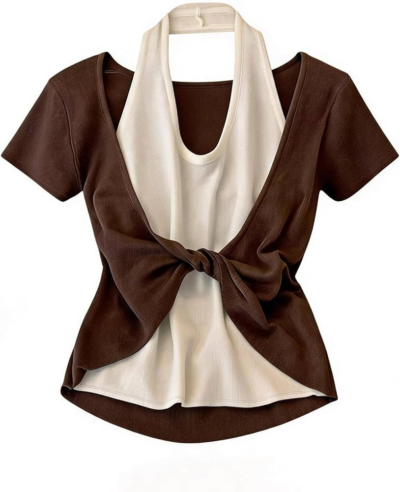 Verdusa Women's Double Layer Halter Tops Cinched T Shirts Short Sleeve Workout Tops | Amazon (US)