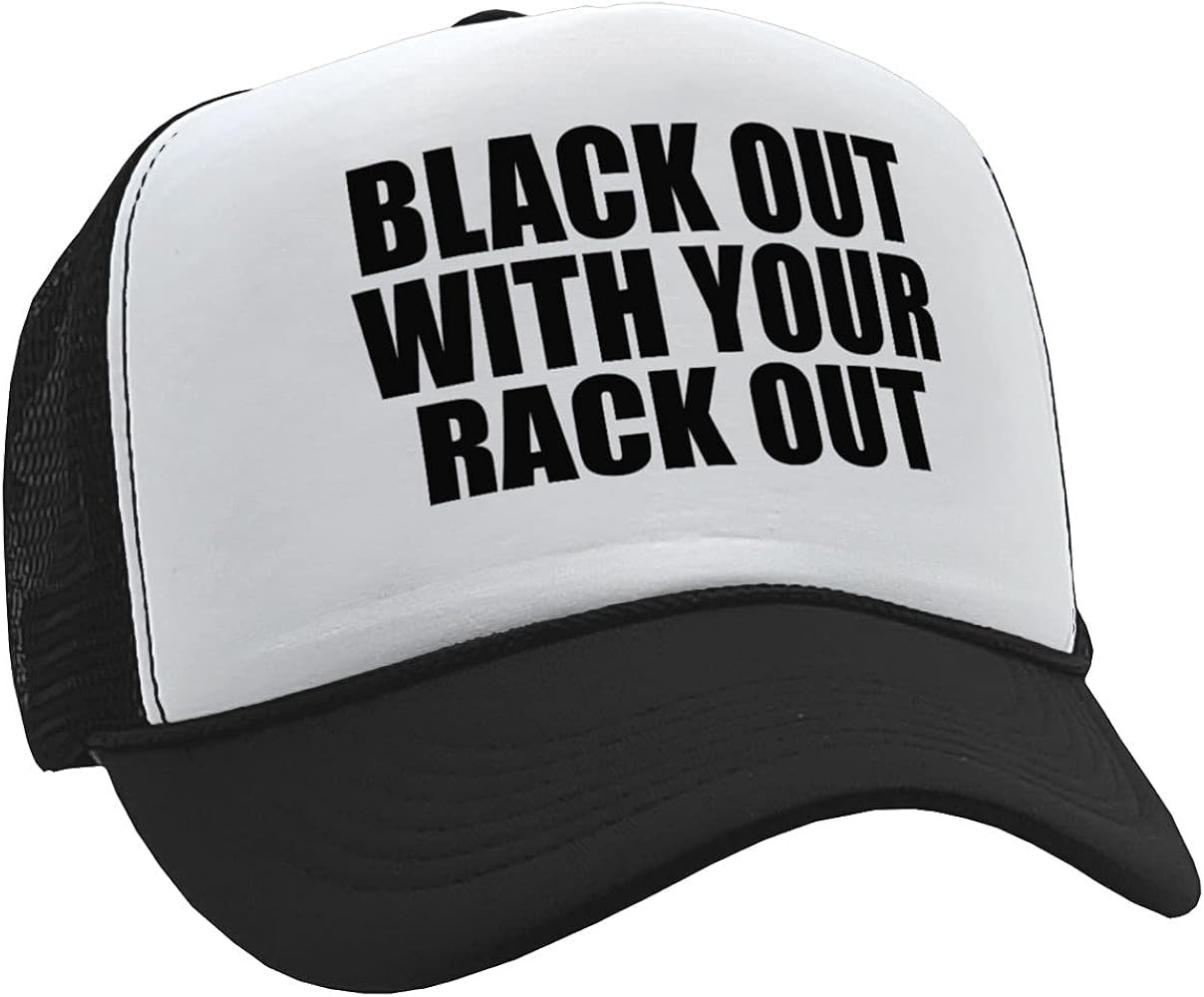 The Goozler - Black Out with Your Rack Out Funny Sexy - Vintage Retro Style Trucker Cap Hat | Amazon (US)