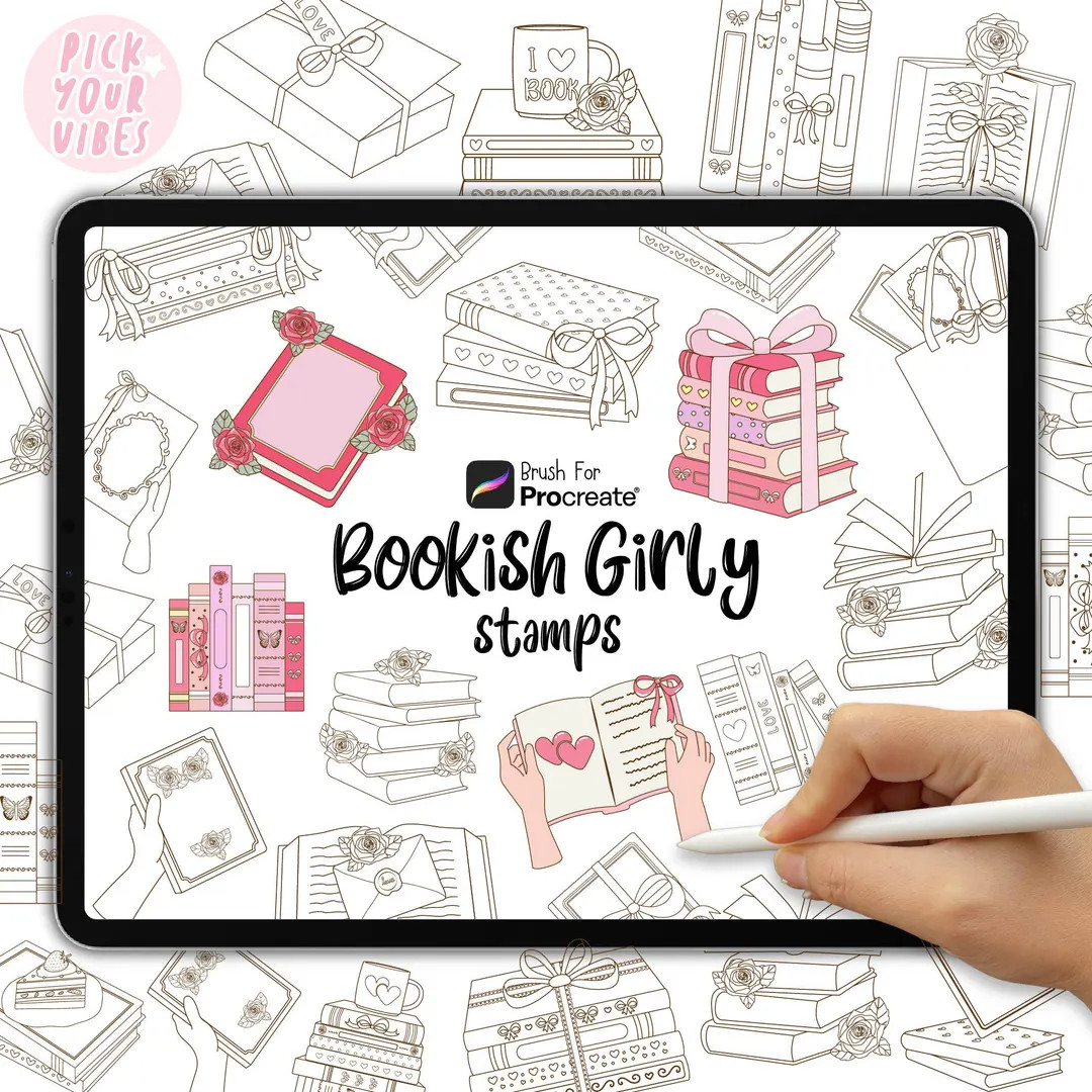 25 Bookish Girly Procreate Stamps for Procreate, Brushes Bundle, Doodle Stamp Brushset, Hand Draw... | Etsy (US)