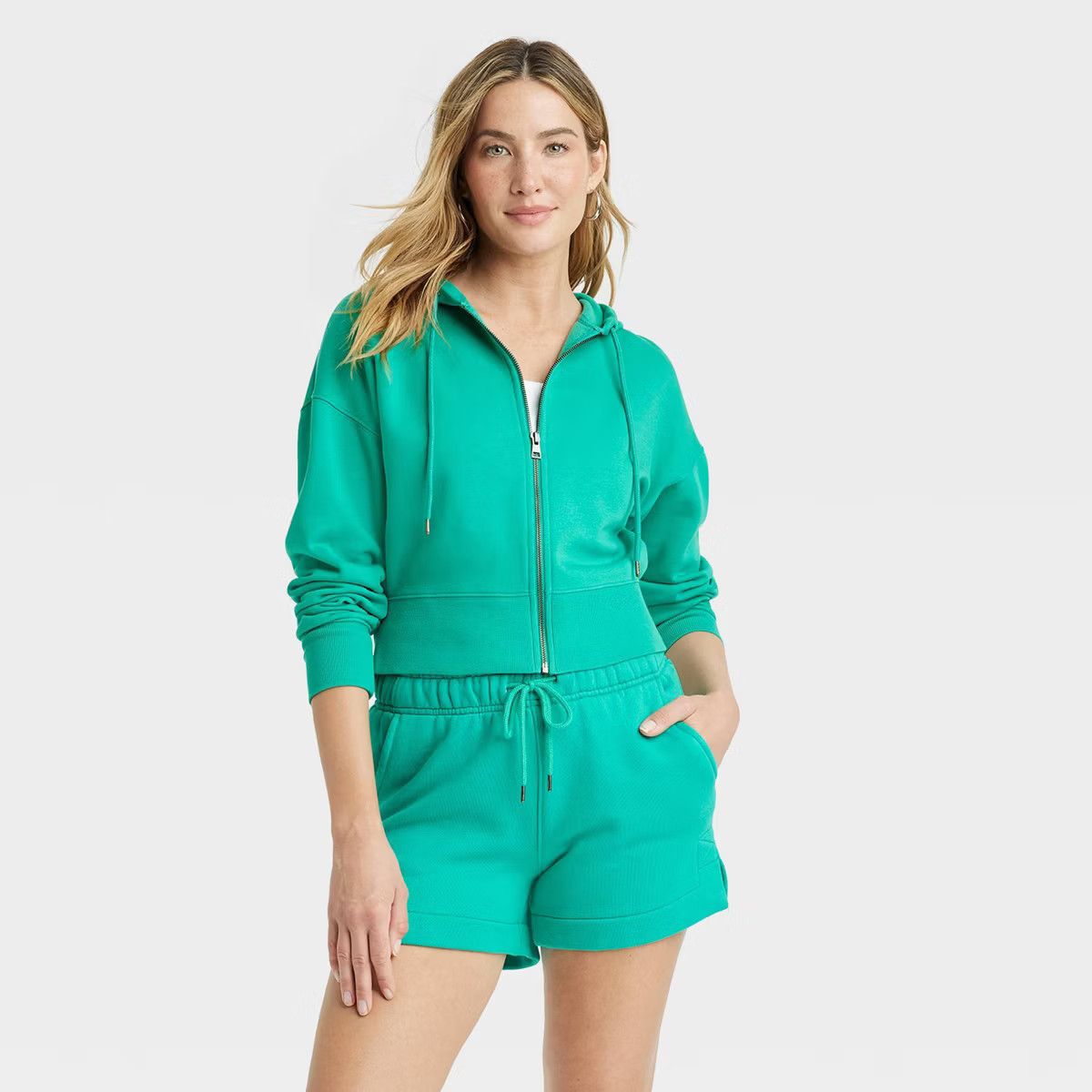 Women's Cropped Hooded Zip-Up Sweatshirt - Universal Thread™ Emerald Green L | Target