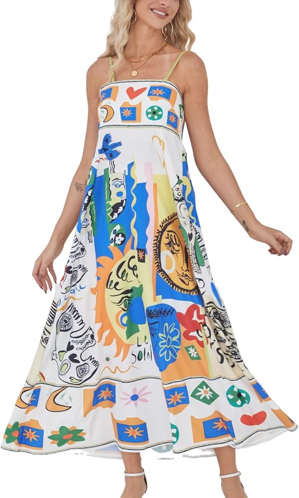 Apvirdy Women's Sleeveless Smocked Sundress Y2K Graffiti Print Cami Dress Loose Spaghetti Strap F... | Amazon (US)