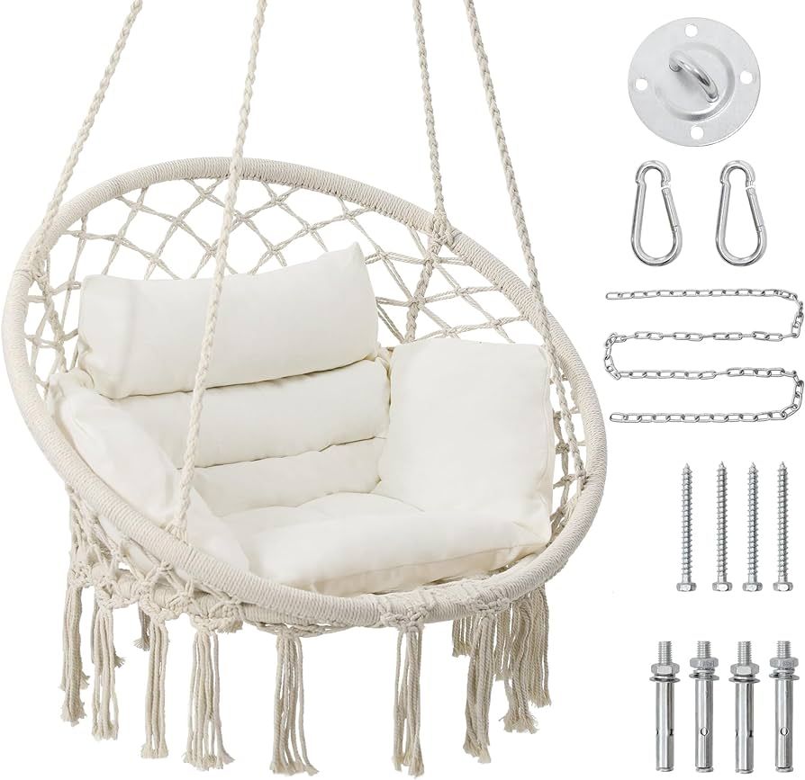 Macrame Hammock Hanging Swinging Chair with Medium Cushion, Perfect for Bedroom, Porch, Adults, B... | Amazon (US)