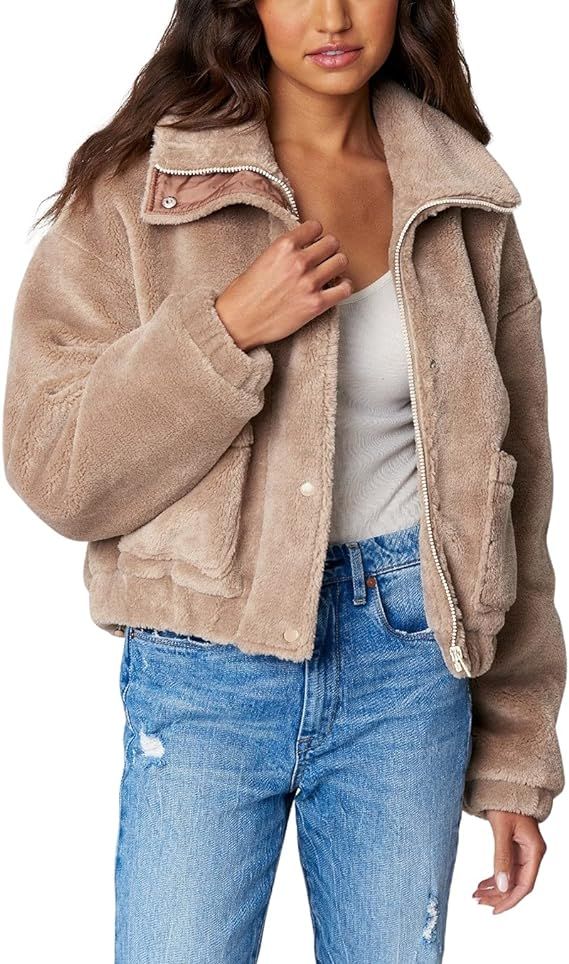 [BLANKNYC] womens Black High Collar Faux Sherpa Jacket With Pocket Detail | Amazon (US)
