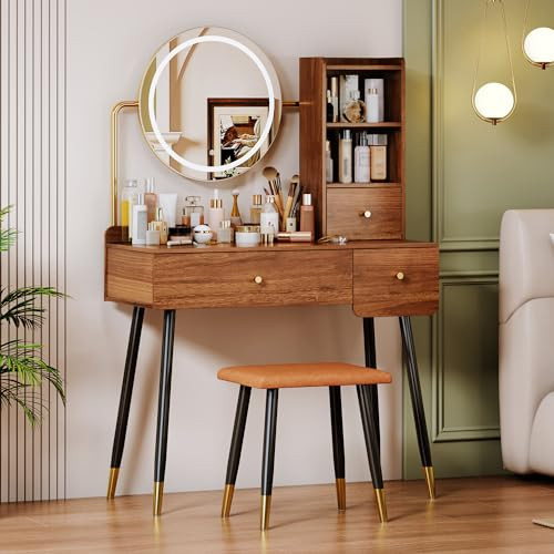 sbdmirau 35" Makeup Vanity Desk with Round Mirror and Lights, ModernVanity Table with 3 Drawers &... | Amazon (US)
