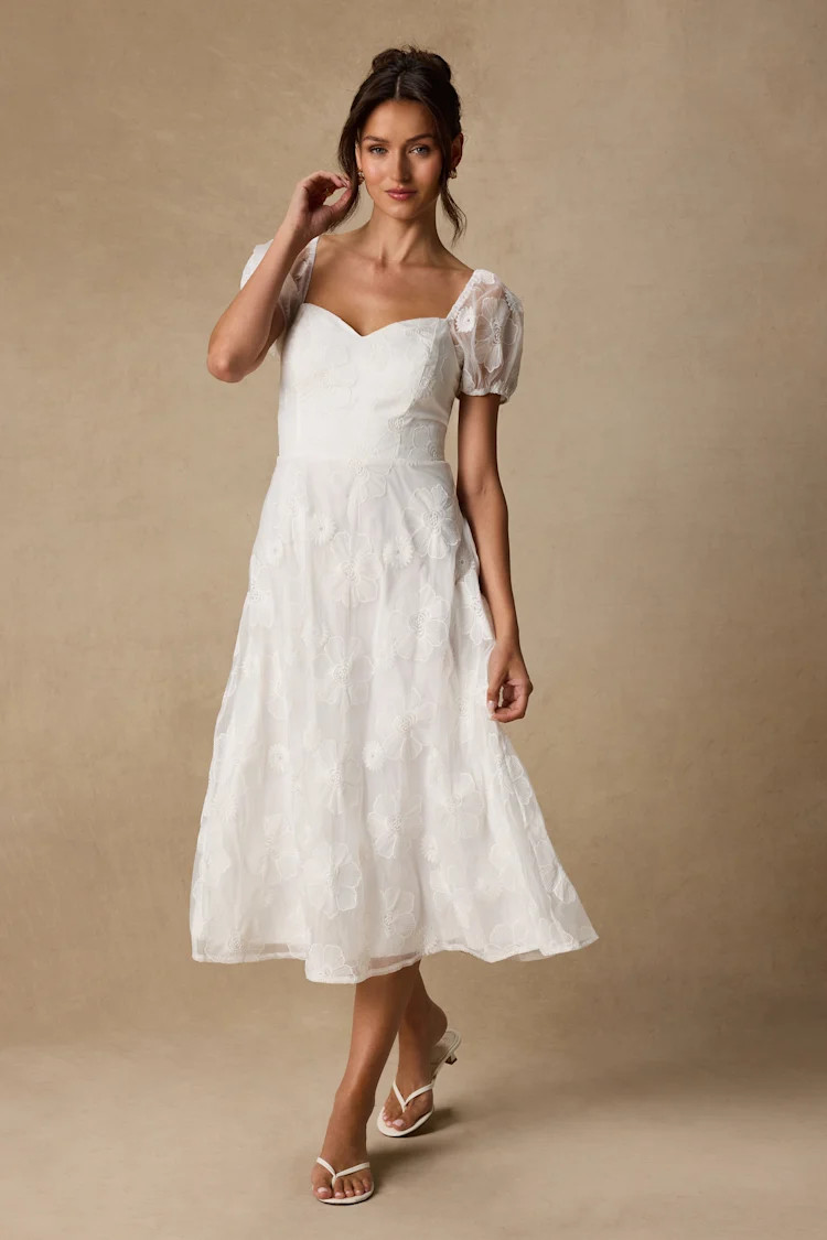 Sweetest Behavior White Embroidered Puff Sleeve Midi Dress | Lulus