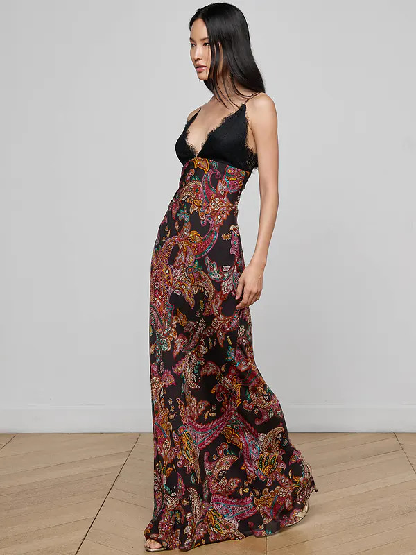 Susanna Silk Lace Gown in Black Multi Paisley Scroll | L'AGENCE | L'Agence
