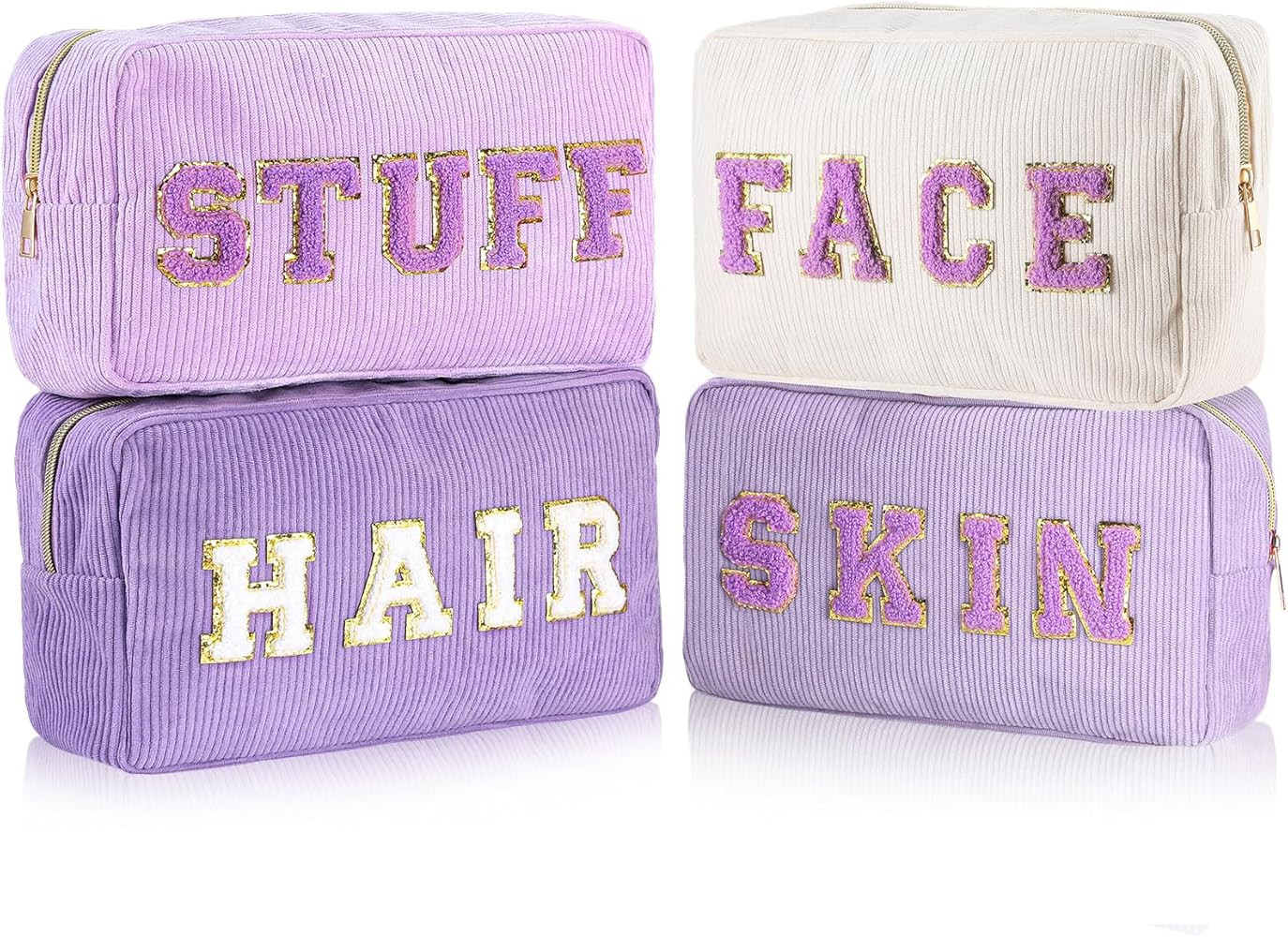 Pinkunn 4 Pcs Preppy Makeup Bags Chenille Letter Travel Organizer Face Skin Hair Stuff Corduroy Cosmetic Hygiene Toiletry Pouch with Zipper Wedding Birthday Gifts for Women(Purple) | Amazon (US)