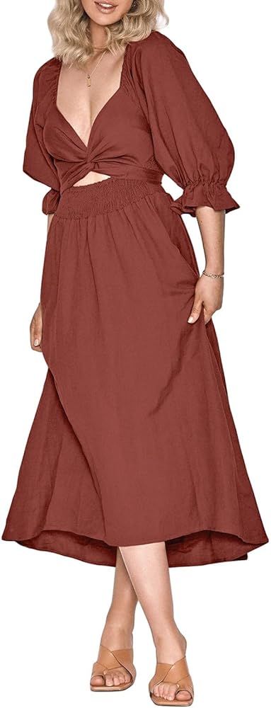 Argeousgor Women Puff Long Sleeve Square Neck Maxi Dress Cut Out Long Dress | Amazon (US)