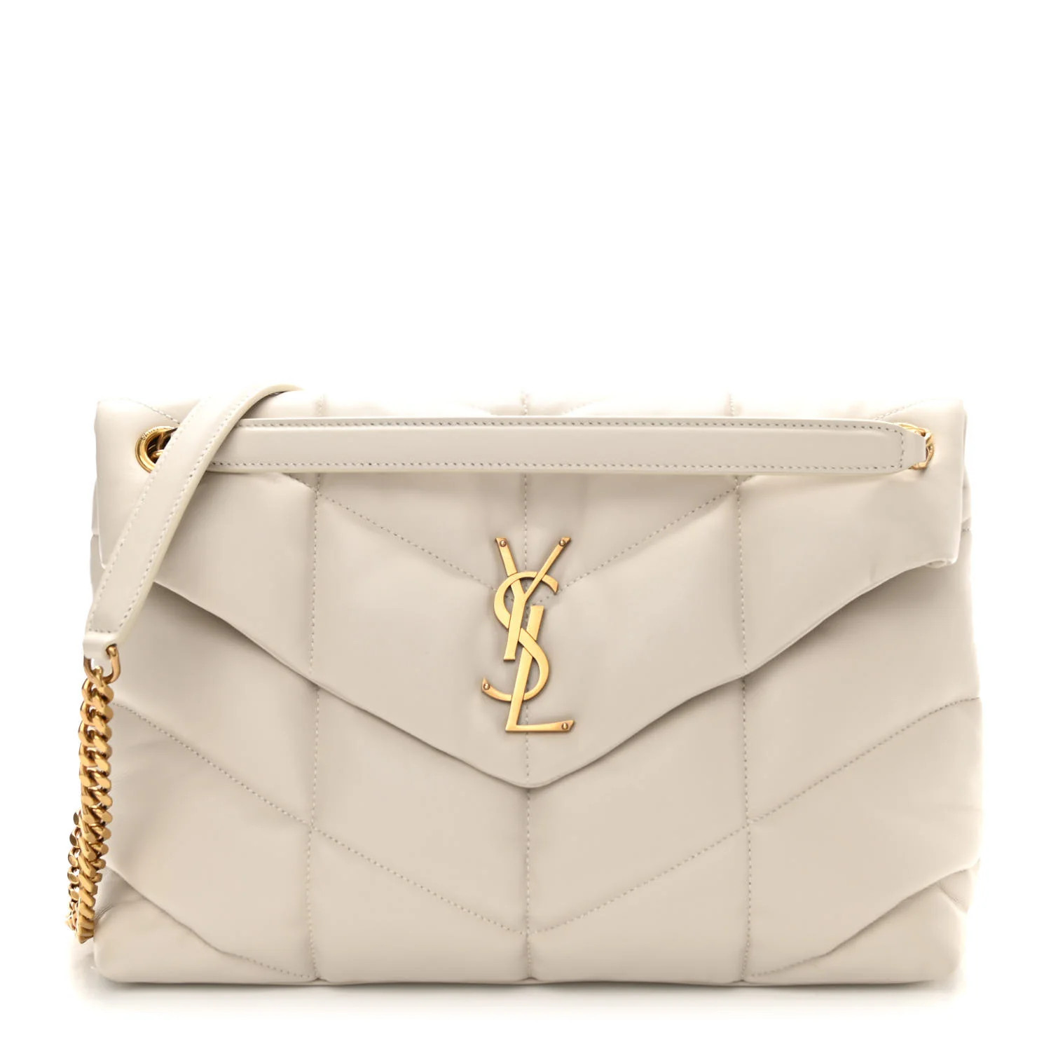SAINT LAURENT Lambskin Quilted Medium Loulou Puffer Monogram Chain Satchel Crema Soft | FASHIONPHILE (US)