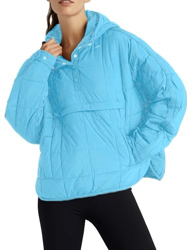Jawmeu Women Puffer Pullover Quilted Dolman Hoodie Jacket Long Sleeve Packable Puffy Coats(Blue-S) | Amazon (US)