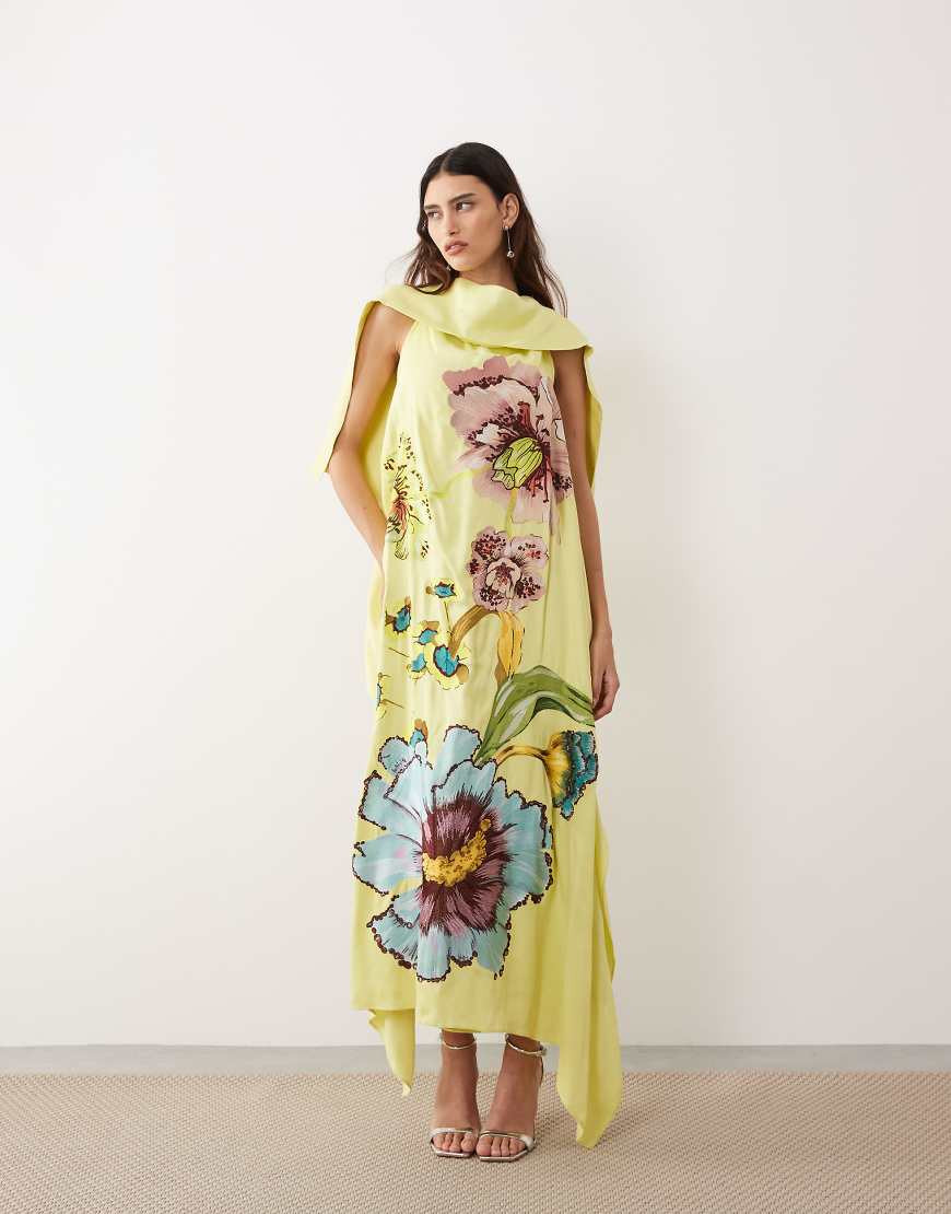 ARRANGE large botanical floral high neck satin drape maxi dress in lime green | ASOS (Global)