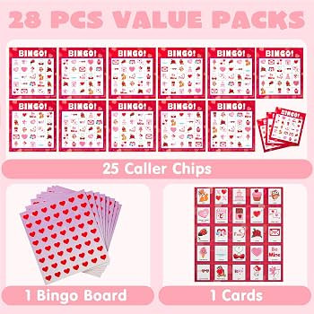 JOYIN Valentines Day Bingo Game Cards (5x5) – 28 Players for Kids Party Card Games, School Clas... | Amazon (US)