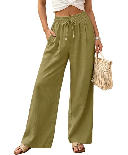 AceNest Womens Linen Pants with Pockets High Waisted Linen Drawstring Pants Wide Leg Petite Palazzo Pants Casual Summer Green M | Amazon (US)