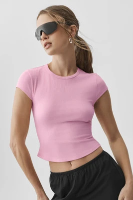 ALO | Ribbed Modal Cap Sleeve Top Shorts Short Sleeves in Pink Marshmallow, Size: 2XS | Alo Yoga