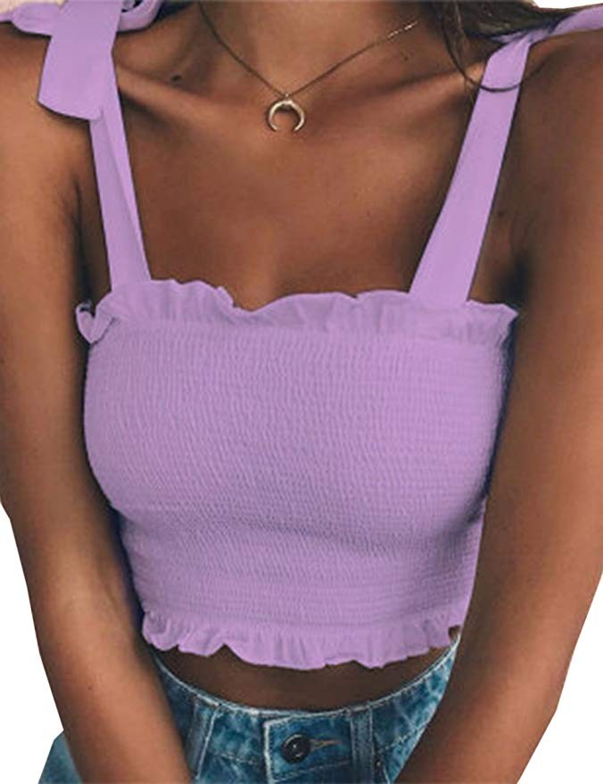 KAMISSY Women's Frill Smocked Crop Tank Top Tie Shoulder Strap Vest | Amazon (US)