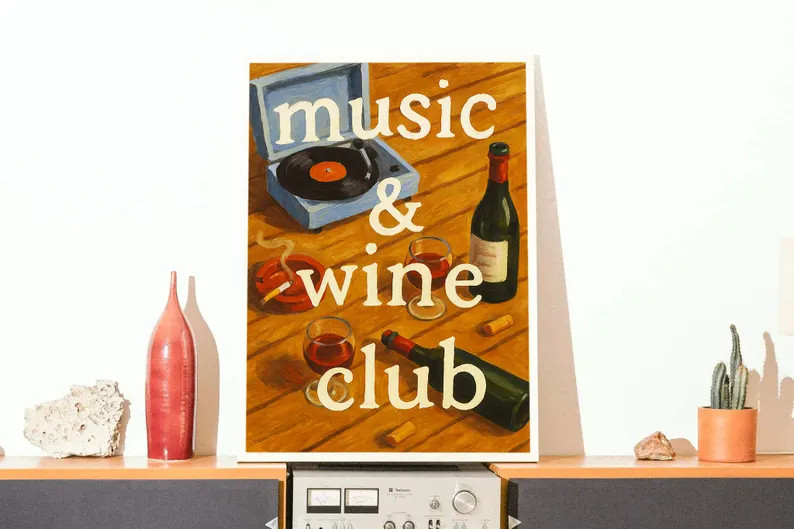 Music & Wine Club Digital Art Print, Retro Vinyl Record and Wine Wall Art, Cozy Bar Decor Poster,... | Etsy (US)