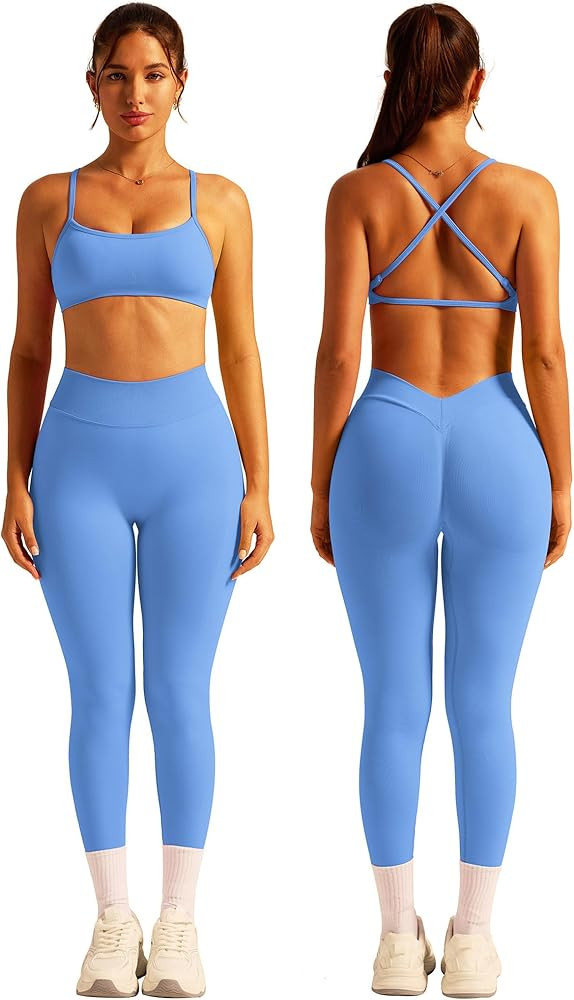 ABOCIW 2 Piece Workout Sets for Women Seamless Strappy Sports Bra V Scrunch Butt Lifting High Wai... | Amazon (US)