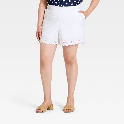 Women's Embroidered Linen Pull-On Shorts - A New Day™ White 1X | Target
