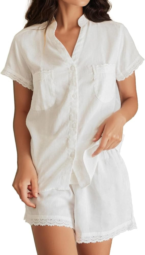 Women's Short Sleeve Button down Printed Pajama Sets Summer 2 Piece Shorts Soft Sleepwear | Amazon (US)