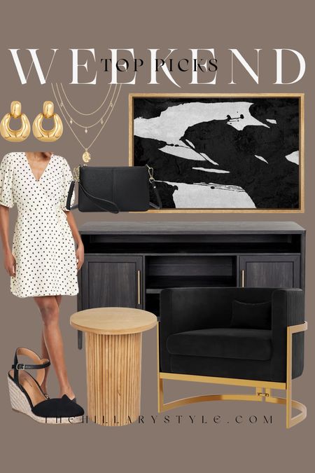 Weekend Top Picks Fashion & Home: furniture, decor, and fashion from Wayfair, target, Walmart, Amazon. Wall art, console, accent chair, end table, summer dress, wedges, gold jewelry.

#LTKStyleTip #LTKHome #LTKSeasonal