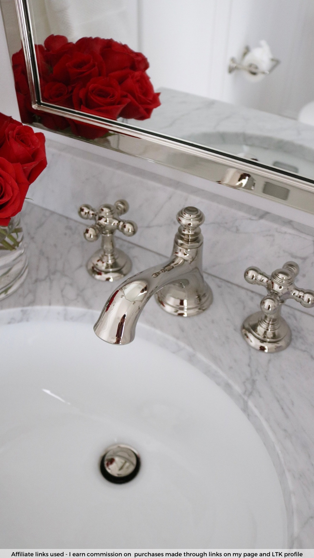 Polished nickel bathroom faucet with cross handles 

Small bathroom vanity marble countertop and porcelain sink
Pottery Barn vanity
Classy bathroom decor

#LTKHome