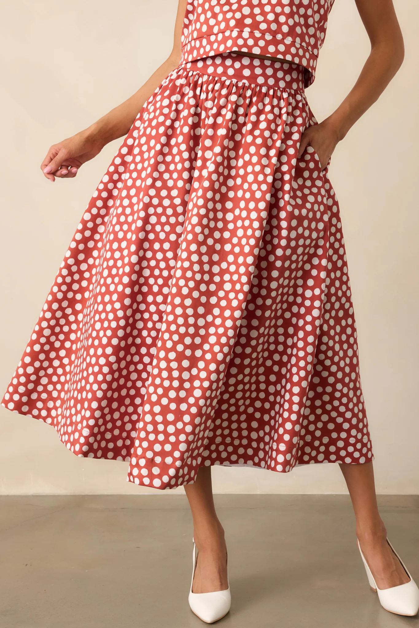 Prosperina Thena Brick Red Polka Dot Cotton Midi Skirt | Red Dress