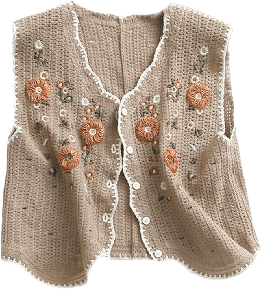 Womens Floral Print Sweater Vest Sleeveless V Neck Vintage Button Front Cardigan Crochet Crop Kni... | Amazon (US)