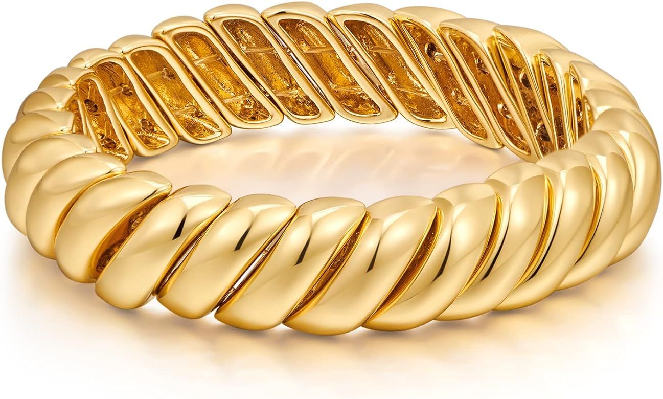 FAMARINE Twisted Thin or Chunky Bangle Bracelet in 14K Gold Plated, Stretchable Elastic Bracelet ... | Amazon (US)