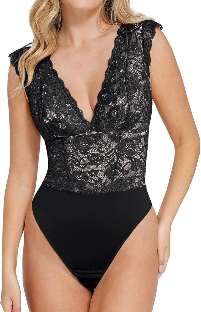 Popilush Lace Bodysuit for Women - Tank Top Thong Shapewear Tummy Control Going Out Tops Deep V N... | Amazon (US)