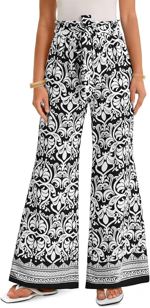 Yousify Wide Leg Boho Pants for Women High Waisted Printed Palazzo Pants Casual Flowy Tie Knot Va... | Amazon (US)