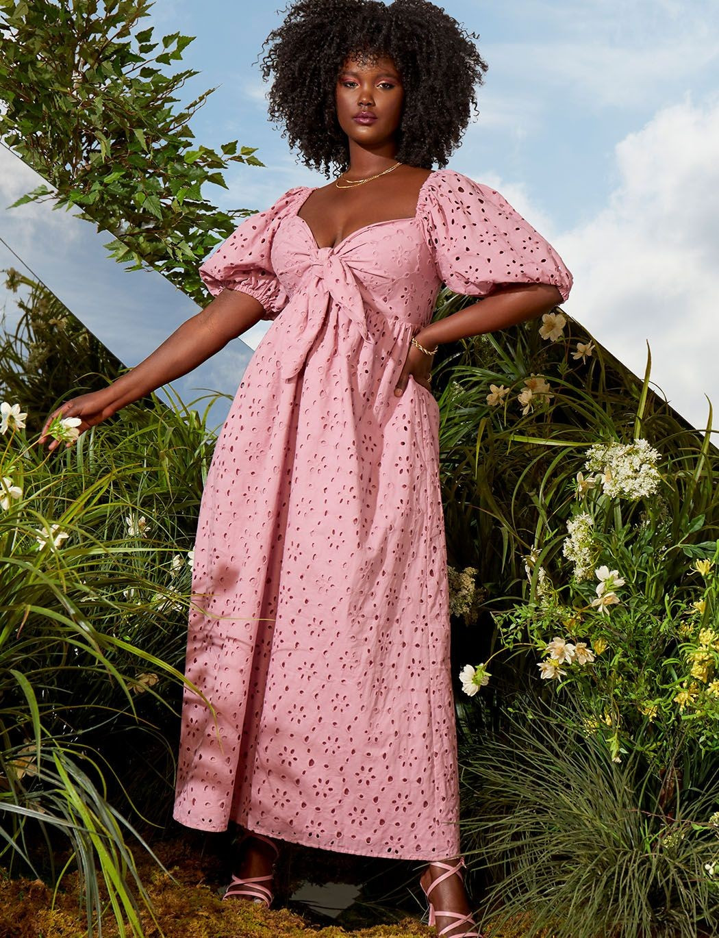 Eyelet Tie Front Full Skirted Maxi Dress | Women's Plus Size Dresses | ELOQUII | Eloquii