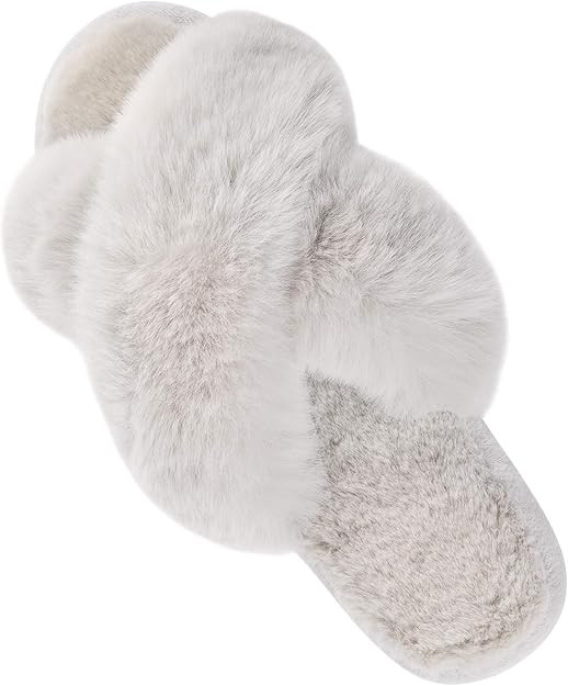 Women's Cross Band Slippers Fuzzy Soft House Slippers Plush Furry Warm Cozy Open Toe Fluffy Home ... | Amazon (US)