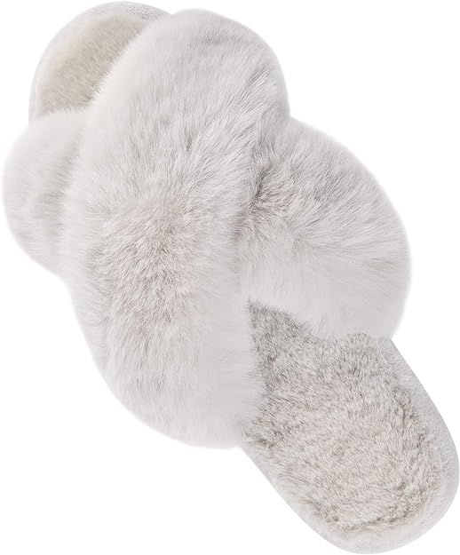 Women's Cross Band Slippers Fuzzy Soft House Slippers Plush Furry Warm Cozy Open Toe Fluffy Home ... | Amazon (US)