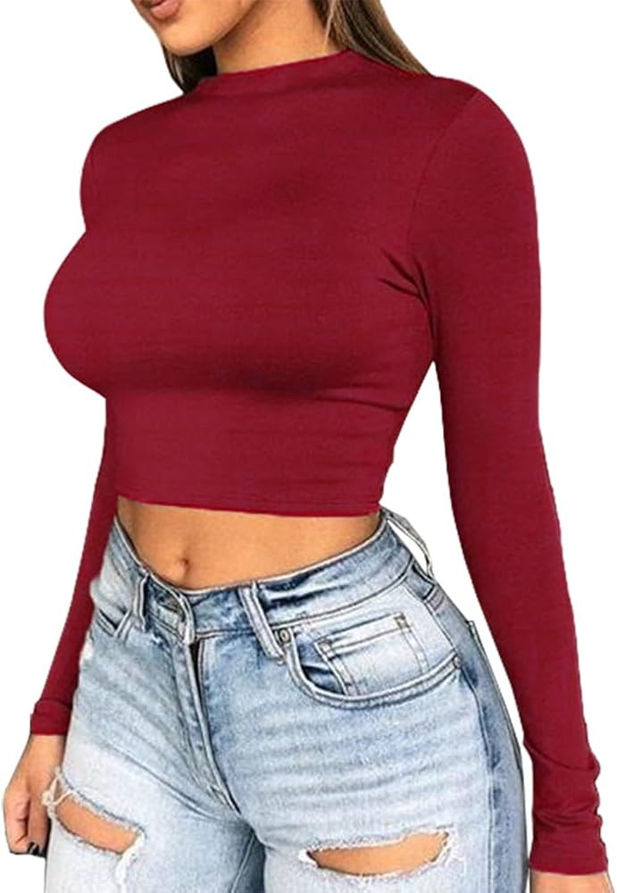 Artfish Women Long Sleeve Turtleneck Crop Top Mock Neck Tight Fitted Shirts | Amazon (US)