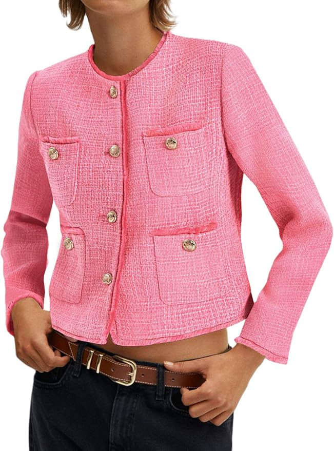 Cicy Bell Cropped Blazers for Women Business Casual Tweed Collarless Button Down Womens Jackets | Amazon (US)