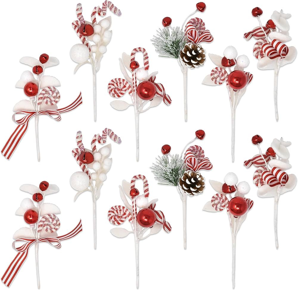 Set of 12 Christmas Red and White Picks Peppermint Candy Cane Balls Jingle Bells and Candies on S... | Amazon (US)