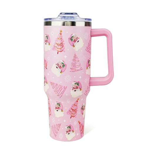 Hqhzaha Christmas Tumbler 40oz Santa Tumbler with Lid and Straw Snowflake Cup Pink Xmas Insulated Coffee Mug Christmas Gifts for Women Men | Amazon (US)